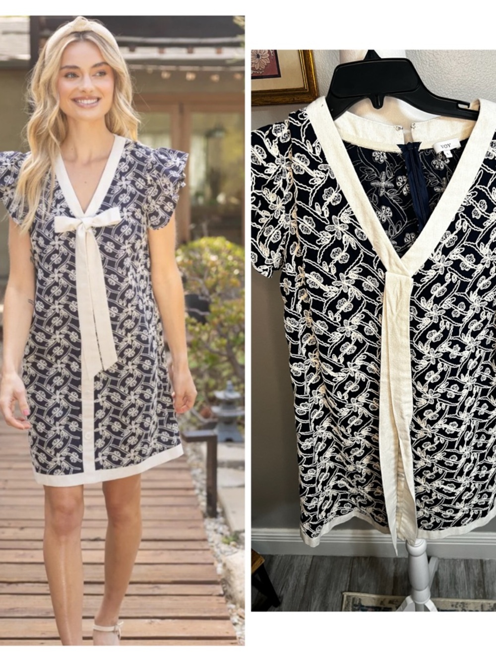 Voy NAVY SAIL DRESS With Tie And Buttons Embroidered Large